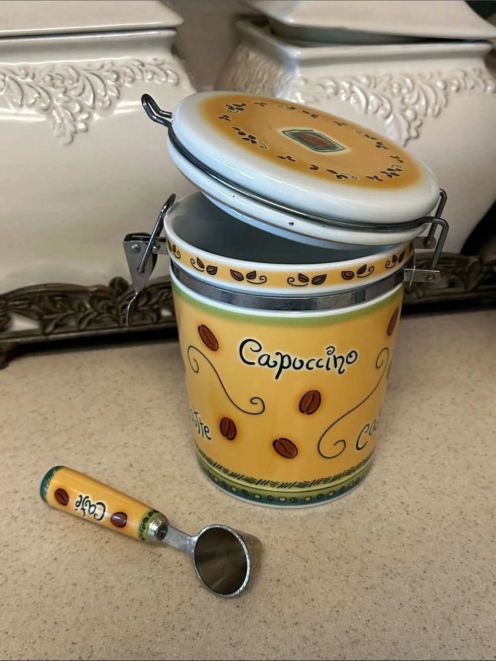 Capuccino Ceramic Coffee Canister and Scoop - Yellow
